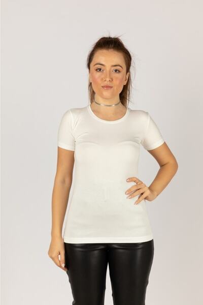 NOBLE STORE Body din lycra cu jumătate de mânecă albă cu gât rotund