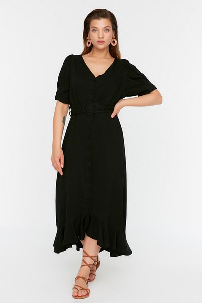 Trendyol Curve Black Belted Woven Dress TBBSS22EL3021