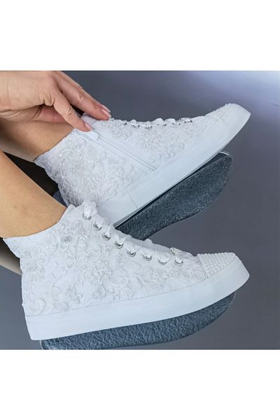 Ayakkabı Tutkusu Stilo ® Luxury White Bridal Shoes with Internal Zipper Appliques and Pearls and Satin Ribbon