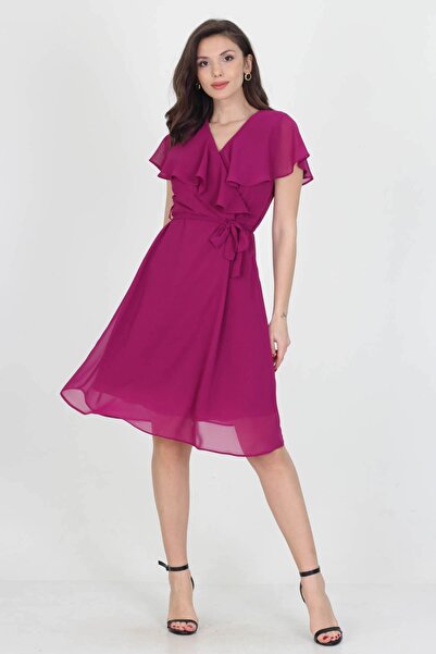 Women's Midi Size New Season Double Breasted Collar Angel Sleeve Chiffon Dress Ry8081