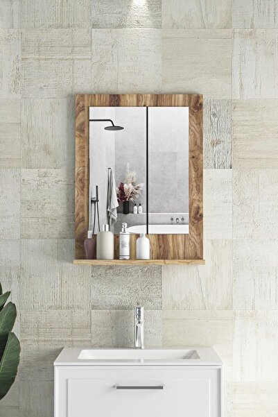 Resmo Verona 45x60cm Ceviz Raflı Banyo Aynası Dresuar Hol Koridor Duvar Salon Wc Ofis Yatak Odası Boy Ayna