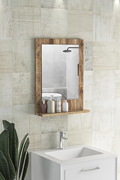 Resmo Verona 45x60cm Ceviz Raflı Banyo Aynası Dresuar Hol Koridor Duvar Salon Wc Ofis Yatak Odası Boy Ayna