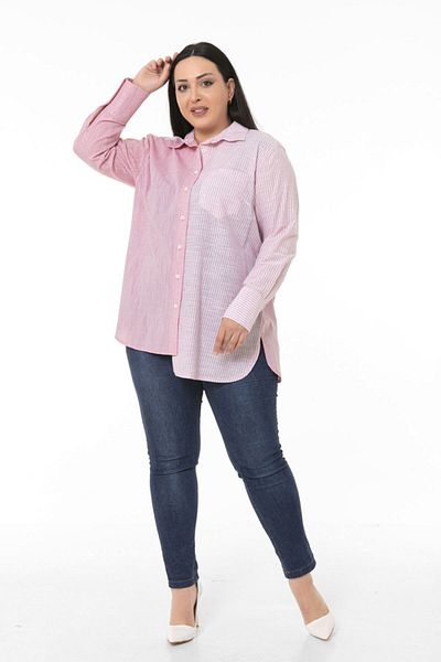 DISENTIS MODEST Ροζ πουκάμισο με ασύμμετρη εφαρμογή - Plus Size με σχισμές μανσέτες και ρίγες σε ρόμπα