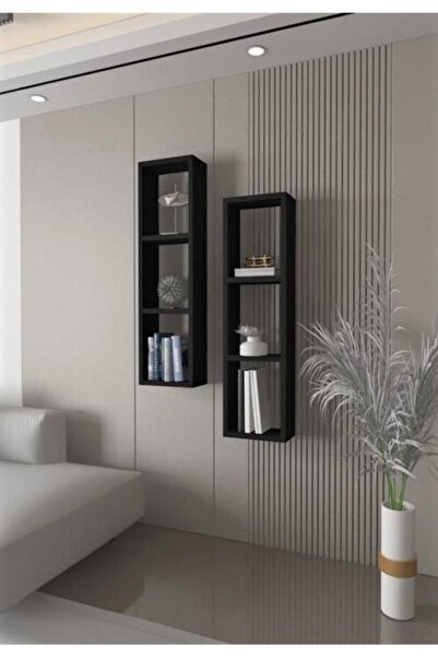 Dekormer Design Kitaplık Ikili Çapraz Siyah Duvar Rafı Takım