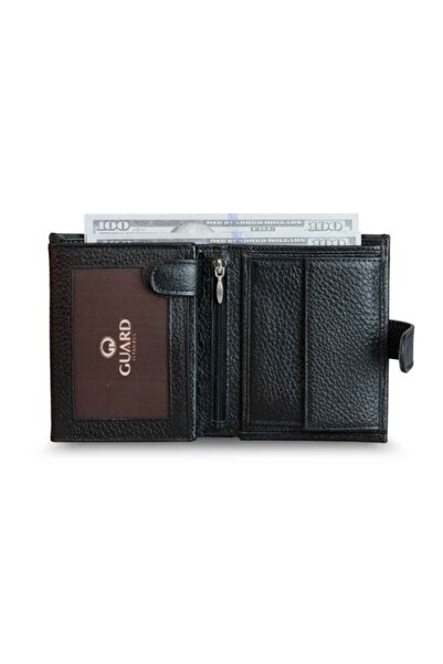 GUARD Genuine Leather Men's Black Multi-Compartment Placket Vertical Wallet