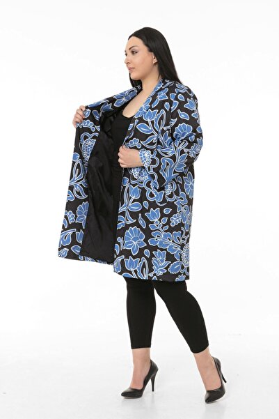 DISENTIS MODEST Jachetă pentru femei, cu guler mono, lungime mâneci, până la gleznă, căptușită cu buzunar fleto, cu model de flori albastre