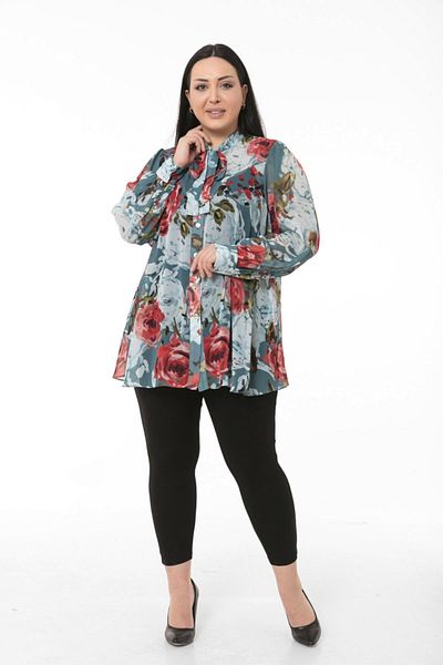 DISENTIS MODEST Plus Size Floral Patterned Turquoise Chiffon Shirt with Scarf and Cuffs