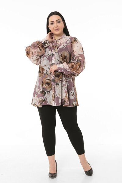 DISENTIS MODEST Powder Color Large Size Floral Patterned Chiffon Shirt with S...