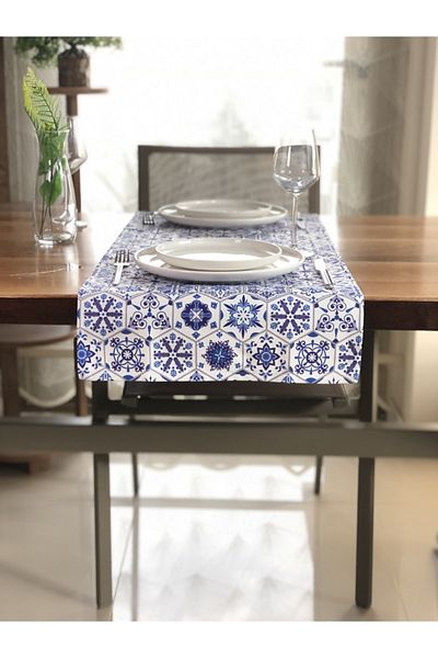desen izmir American Service, blue hexagonal Ceramic Runner