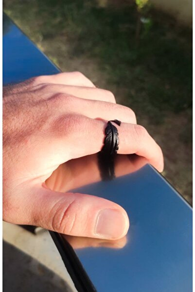 The Collection Tüy Yaprak Figürlü Ayarlanabilir Siyah Erkek-kadın Yüzük