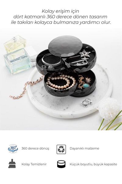 Vienev Органайзер за бижута Black Diamond с 4 нива и въртящ се цилиндричен дизайн