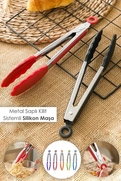 Anadolu Saray Çarşısı Lockable Silicone Tongs with Metal Handle - Practical Frying Tongs
