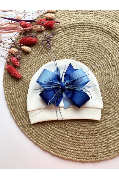 irembaby Bebek Süslü Şapka Mavi Lacivert Tüylü Fiyonklu