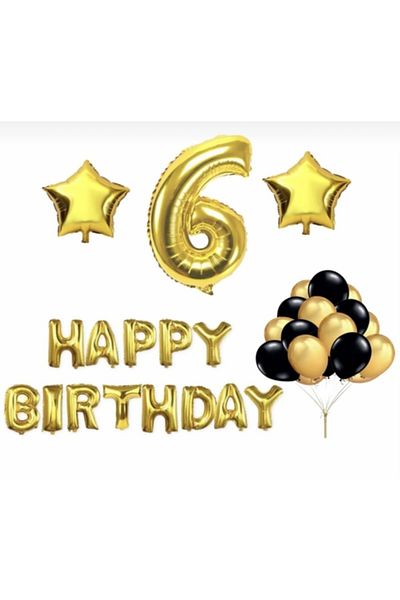 Deniz Party Store Star Gold Foil and Balloon Star Set for Age 6 Happy Birthday