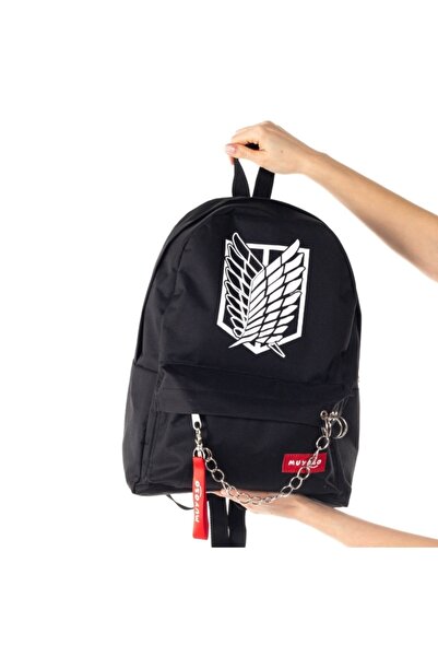 Mutlumu حقيبة ظهر سوداء مطبوعة من Attack On Titan مع سحاب سلسلة وثقب