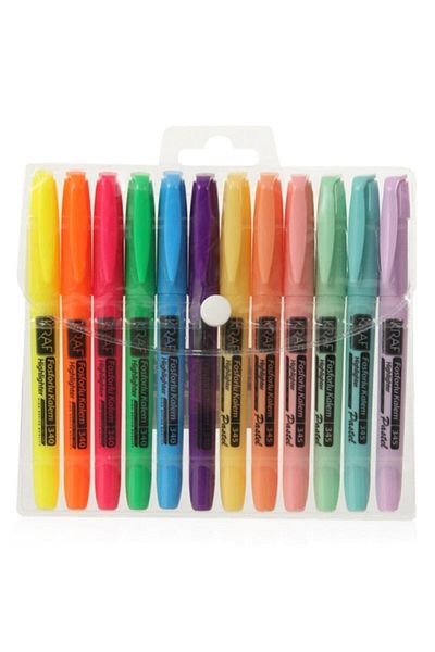 KRAF Highlighter Pen Type 340/345 12 Pieces (6 Pastels + 6 Bright Colors)