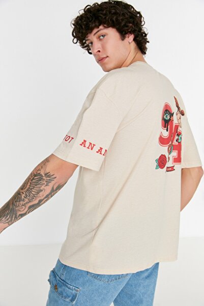 Trendyol Collection Τυπωμένο πέτρινο μπλουζάκι μεγάλου μεγέθους - κοντό μανίκι TMNSS22TS0609