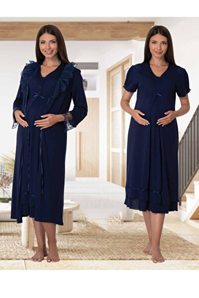 kaktüslohusa Effort Kadın Lacivert Lohusa Hamile Gecelik Ve Sabahlık Set 8025