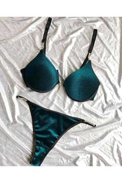 Arc Mios Fashıon Kadın Petrol Yeşili Kadife Sütyen Takımı
