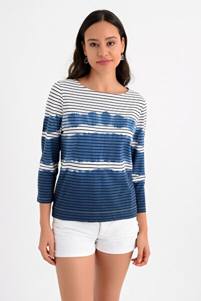 Hanna's by Hanna Darsa Kadın Lacivert Beyaz Çizgili Üzerine Lacivert Batik Ba...