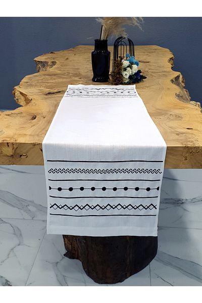 Tanem Home Authentic Pattern Embroidered Placemat Runner 40x140 Cm White Black