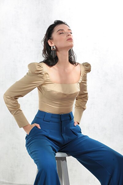 ERIMOS Kadın Krem Kare Yaka Balon Kol %100 Pamuk Poplin Bluz