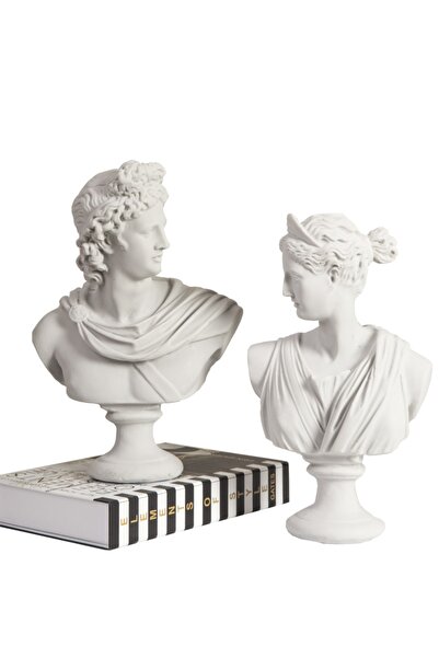 SNM Home Decoration - Apollo Ve Diana (afrodit) Beyaz Polyester Büst Heykel Set