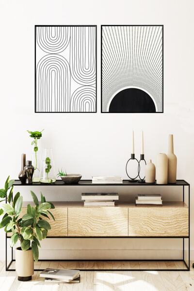 Linacci Set de pictură cu poster cu linii abstracte alb-negru, cu cadru metalic din aluminiu negru dublu și sticlă