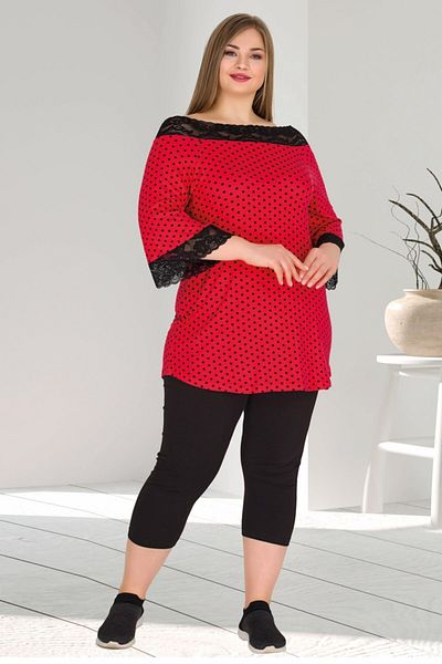 quilling Red Color Polka Dot Oversize Lady-10572 Capri Pajama Set