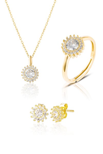 Zanaatsilver 925 Ayar Gümüş 14k Altın Kaplamalı Elmas Montürlü 3'lü Set & Takım