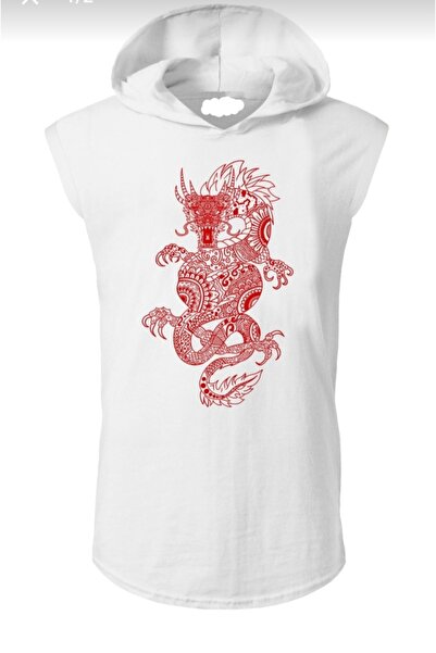 İmpavido Kapşonlu Kolsuz Sıfır Kol Dragon Ejdarha Baskı Tişört