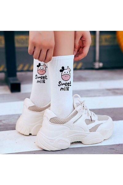 Meguca Socks Дамски черно-бели колежански чорапи с шарка на крава 5 чифта