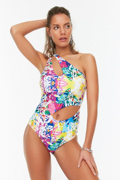 Trendyol Collection Badeanzug mit abstraktem Muster und einer Schulter, Cut-Out/Fenster TBESS21MA0107