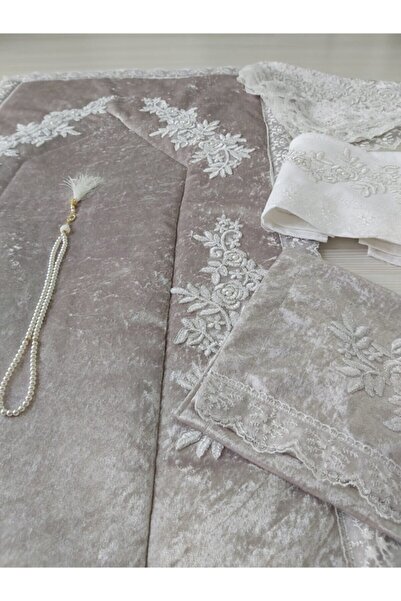 Lamazihome Fransız Dantelli Kadife Seccade Takımı 5 Parça Çeyizlik Seccade Se...