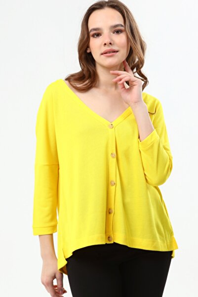 Ebsumu Γυναικεία κίτρινη ζακέτα με oversized κουμπιά