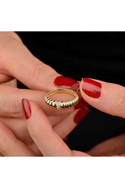 EnginGold 14 Ayar Altın Taşlı Istiridye Yüzük