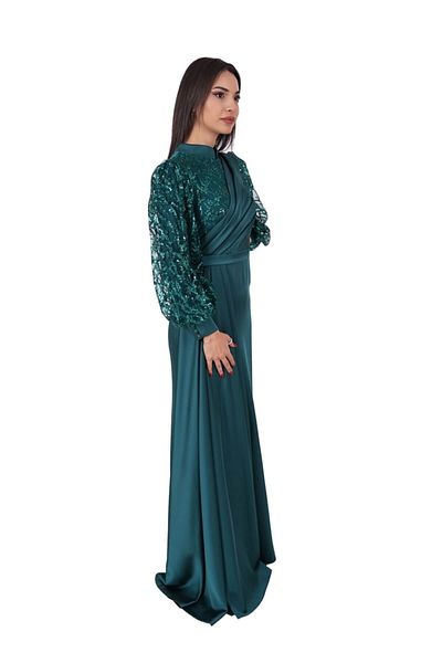 SpringStore Rochie de seara din satin cu maneca balon cu sclipici smarald