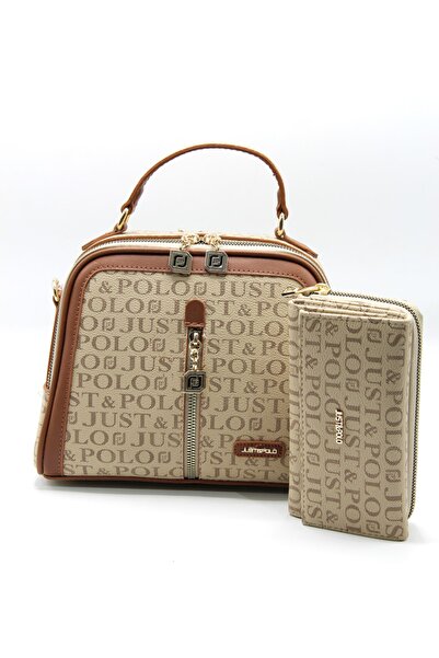 Just Polo Women's Mink/Tan Shoulder Bag and Wallet Set with Matching Design