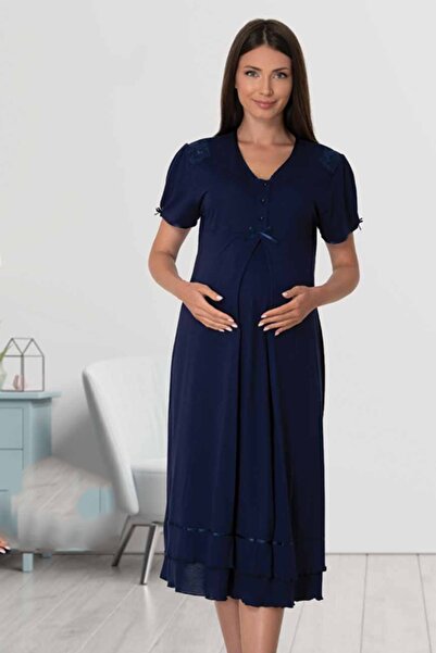 Genel Markalar Kadın Lacivert Kısa Kollu Lohusa Hamile Gecelik 8023