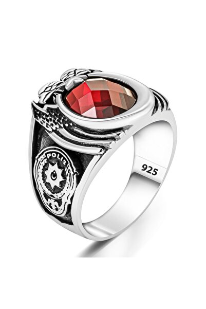 Genel Markalar Polis Armalı Zirkon Taşlı 925 Ayar Gümüş Erkek Yüzük