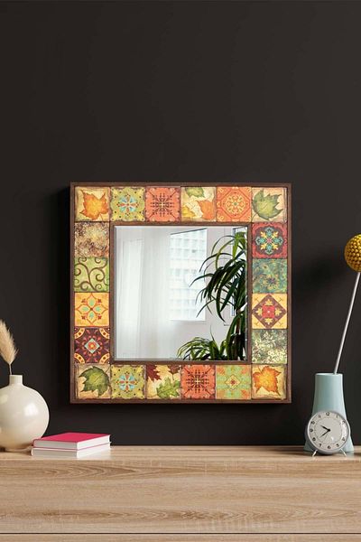 Resmo Hazan Natural Wood 62x62 Cm Framed Antique Limestone Stone Coated Living Room Wall Console Office Dressing Mirror