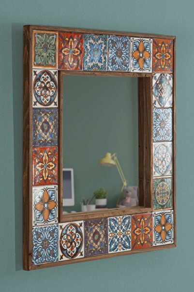 Resmo Doğal Ağaç Çerçeveli El Yapımı 60*60 Gerçek Çini Seramik Kaplı Salon Ofis Mutfak Duvar Aynası