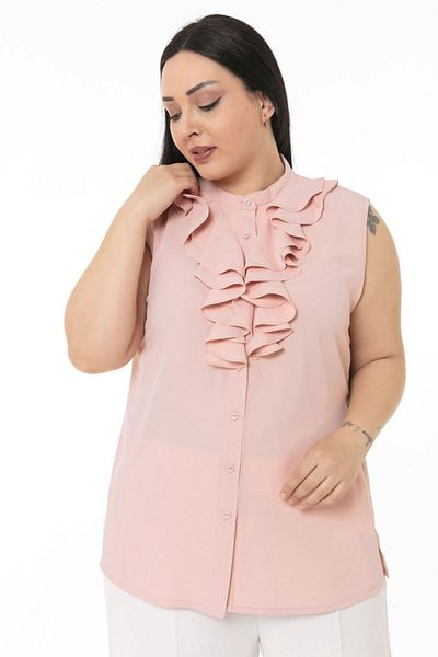 DISENTIS MODEST Αμάνικο πουκάμισο σε χρώμα πούδρας Plus Size - Δύο στρώσεις με φουντωτό και κουμπιά