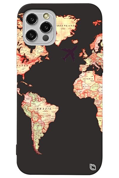 WANNA PROTECT Iphone 13 Pro Max Siyah Renkli Premium Içi Kadife Dünya Harita ...