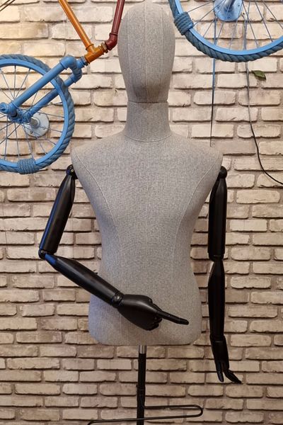 Manken İstanbul High Quality Men's Fabric Headed Linen Fabric Wooden Arm Tailor Mannequin