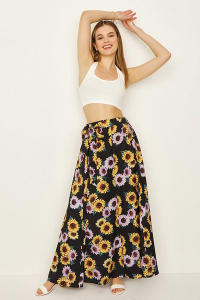 Select Moda Fusta lungă cu curea cu model floral negru de damă