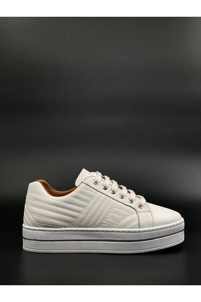 MAT Deri Women's Beige Sneaker Quilted Genuine Leather Sports Shoes