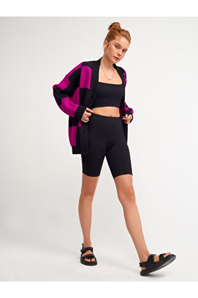 Dilvin 60127 V-Neck Plaid Patterned Knitwear Cardigan-red raspberry