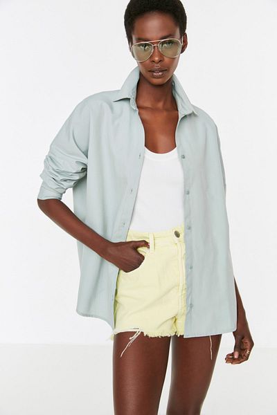 Trendyol Collection Koszula oversize z miętowej tkaniny bawełnianej - szeroki krój TWOSS22GO0669