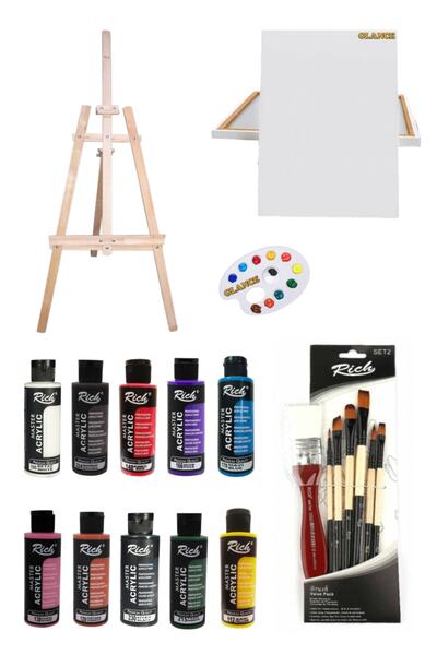 GLANCE Ayaklı Şövale+50x70 Tuval 10'lu Rich Akrilik 120 Cc+7'li Fırça Set